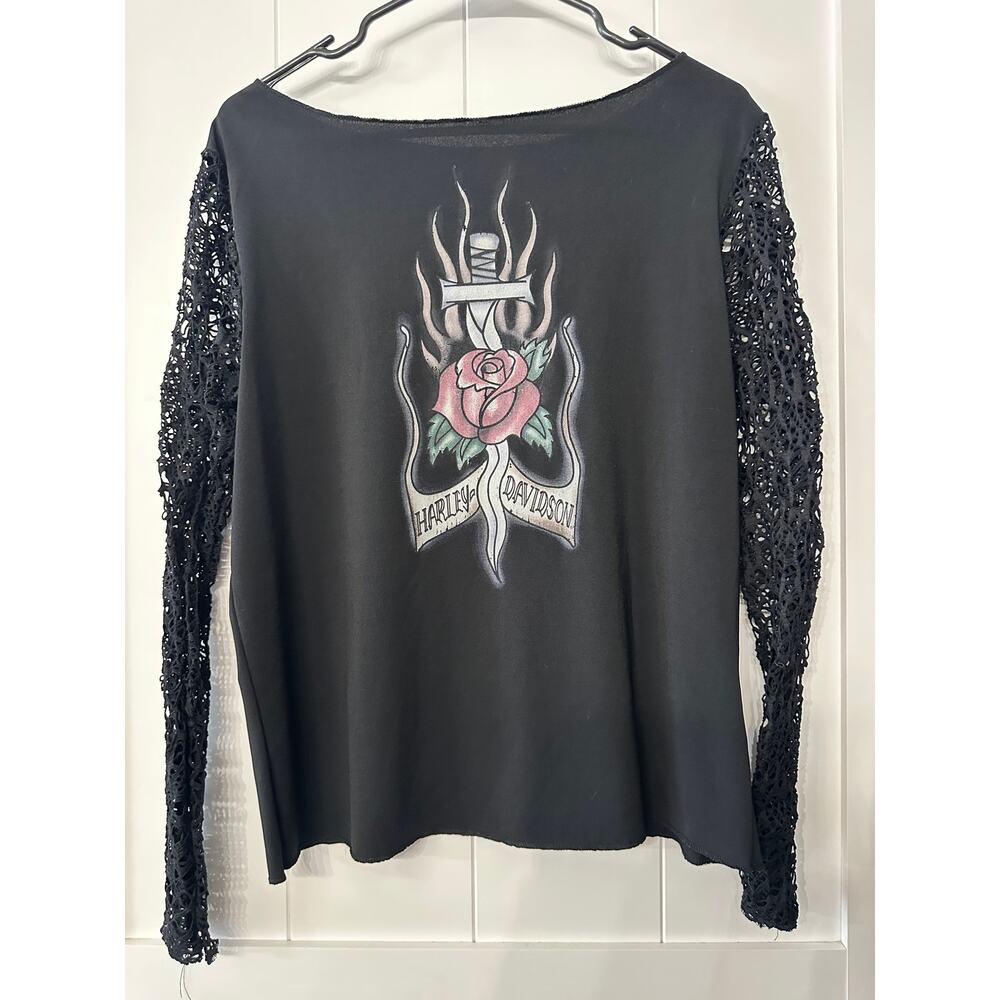 Harley Davidson VTG Shirt Womens Small Black Crochet Sleeves 90s Y2K Roses SZ L